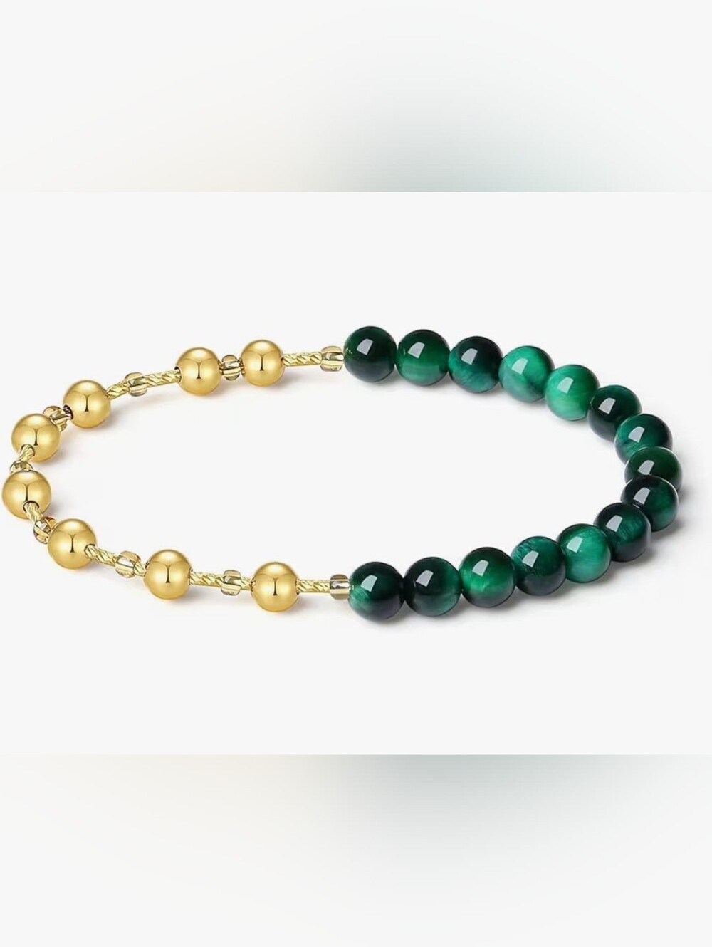 Green Tiger's Eye Stretch Bracelet, 6MM Beaded 18K Gold Ball Two in One